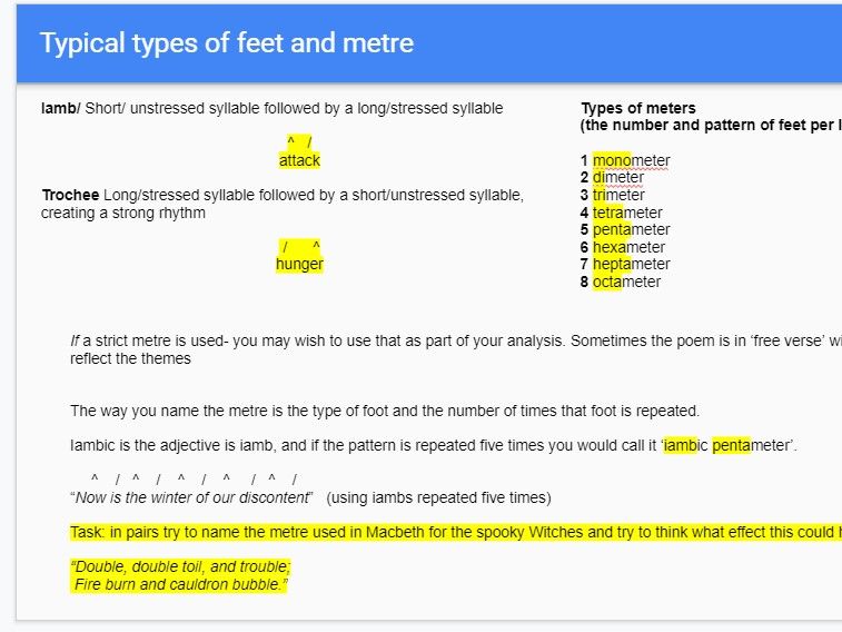 Unseen poetry introduction including glossary and metrical feet and