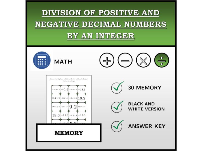 Memory Matching Game | Division of Positive and Negative Decimal Numbers by an Integer | Math Activi
