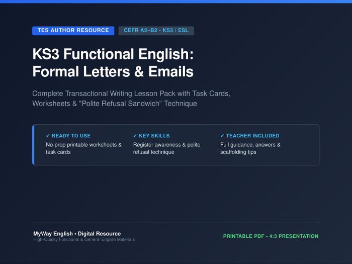 KS3 Functional English & ESL: Writing Formal Letters & Emails (Task Cards & Worksheets)