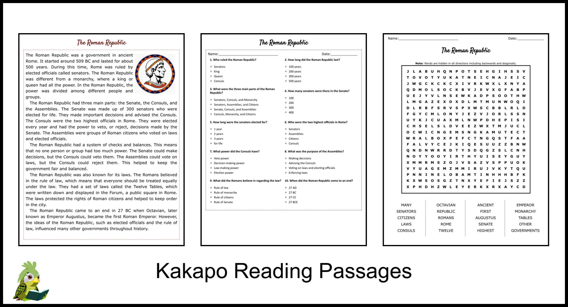 The Roman Republic Reading Comprehension and Word Search | Teaching ...