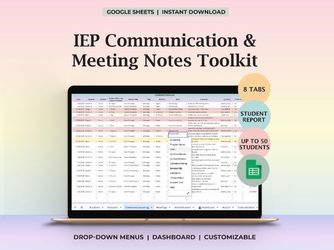 IEP Communication Log Special Education Meeting Notes Tracker Google Sheets Organizer Case Manager