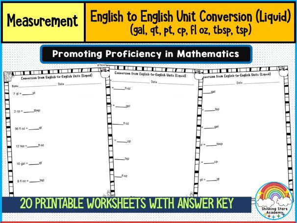 English to English Unit Conversion (Liquid) (gal, qt, pt, cp, fl oz, tbsp, tsp) Worksheets