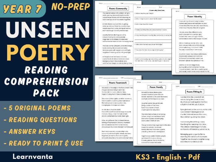 Year 7 Unseen Poetry Comprehension – 5 Poems with Analysis Questions + Answer keys