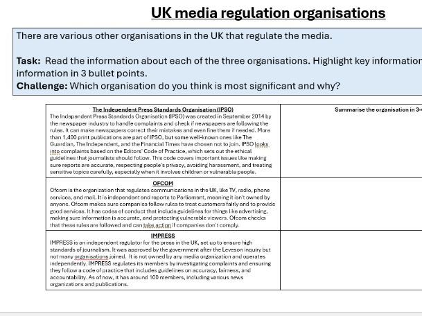 GCSE Citizenship media regulation in  UK