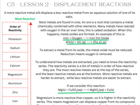 C5/Lesson 2/Displacement Reactions Worksheet With Answers/Chemistry/Combined Science/AQA/GCSE