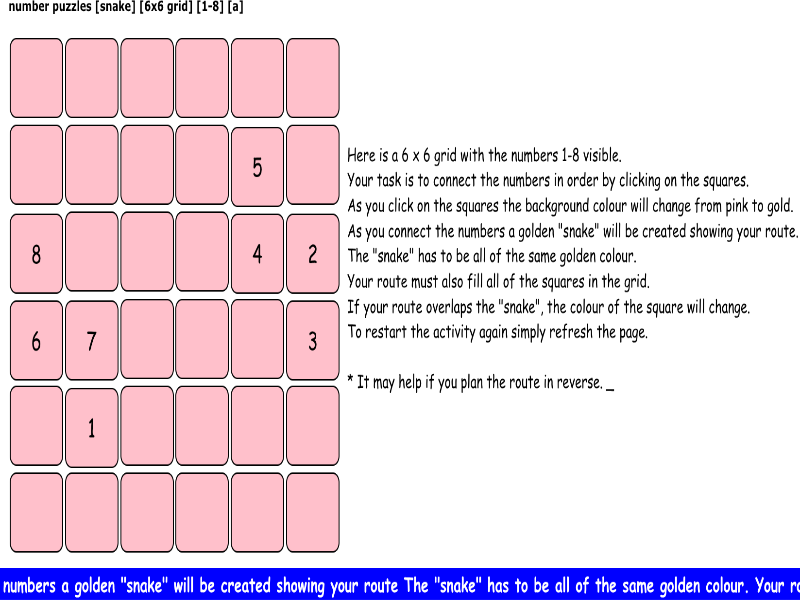 number puzzles [snake] [6x6 grid] [1-8] [a]