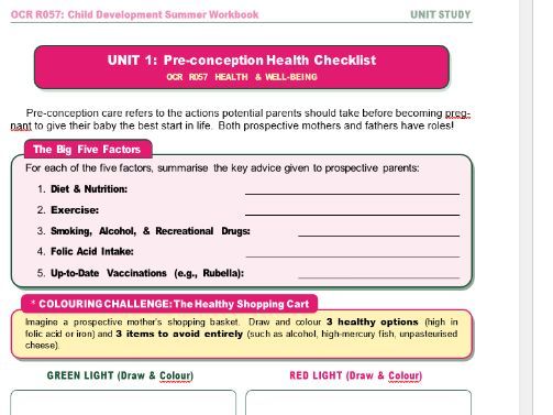 Summer work booklet OCR Cambridge National Child Development