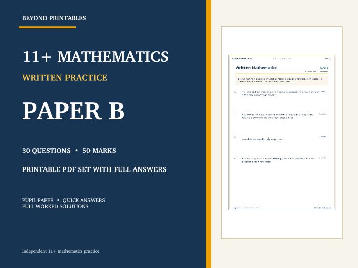 11+ Maths Practice Paper B | Written Test with Worked Solutions