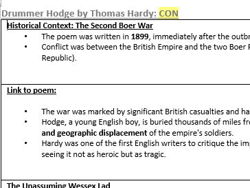 WJEC Poetry 2027 Drummer Hodge Historical Context revision sheet