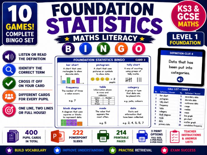 Foundation Statistics Maths Literacy Bingo | KS3 & GCSE Support Vocabulary | 10 Games