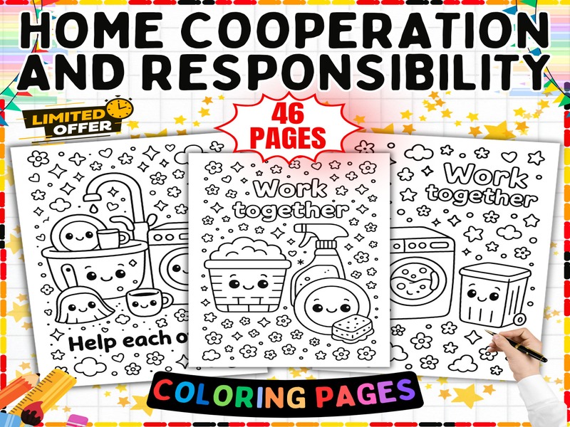 Family Cooperation Coloring Sheets | 46 Page Coloring Sheets | Laundry Dishes and Helping