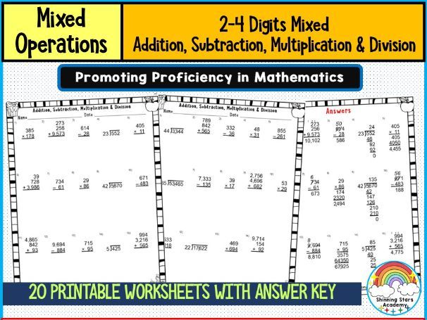 2–4 Digit Mixed Addition, Subtraction, Multiplication & Division Worksheets | Multi-Operation Arithm
