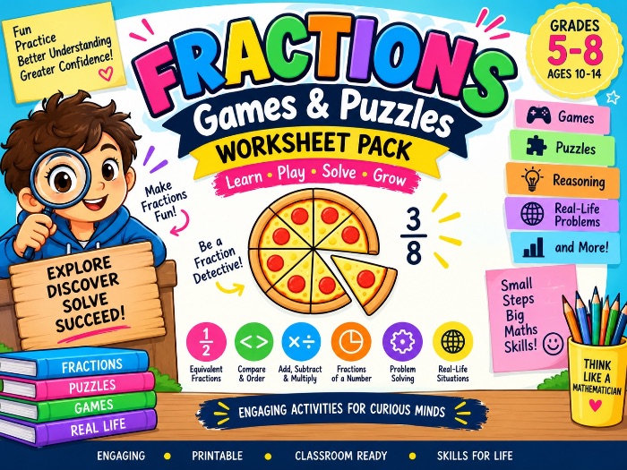 Fraction Games and Puzzle worksheet pack for kids between age of 10-14