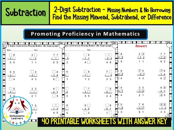 2-Digit Subtraction – Missing Numbers no borrowing Find the Missing Minuend, Subtrahend, or Differen
