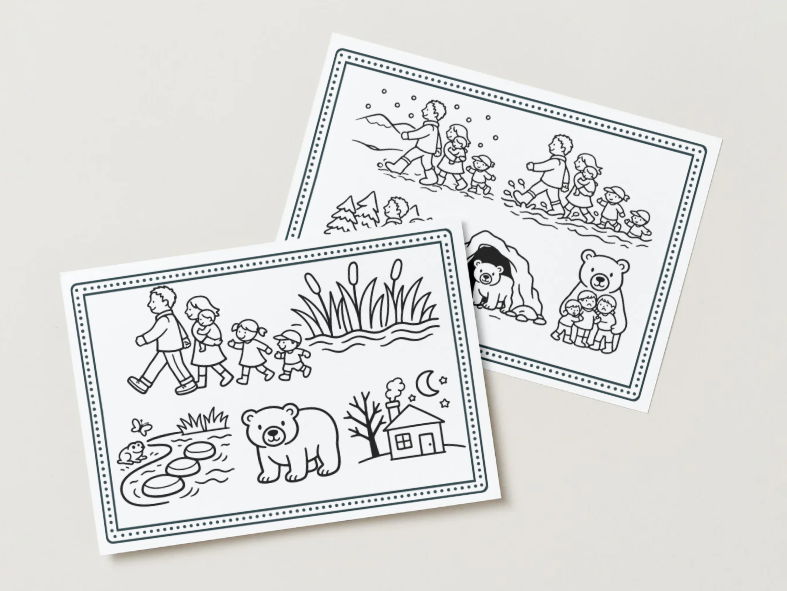 We're Gong on a Bear Hunt inspired colouring pages