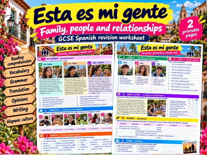 GCSE Spanish Family & People Revision Worksheet | Present Continuous, Descriptions & Translation