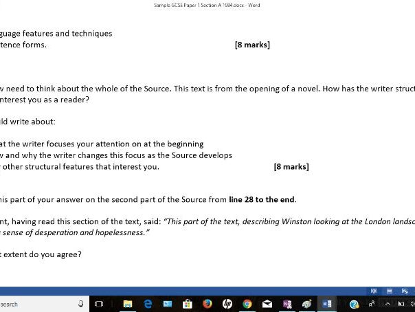 AQA GCSE Language Paper 1 Section A 1984 and Catcher in the Rye Sample Examination Papers