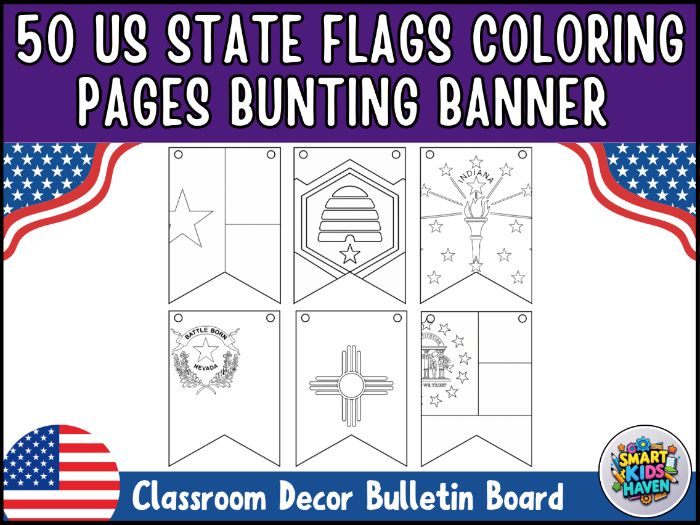 US State Flags Coloring Pages All 50 States Bunting Banner USA Geography Set 2