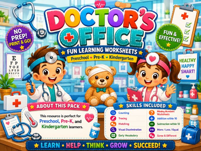 Doctor’s Office Worksheets for Preschool & Kindergarten | Math, Counting, Tracing & Matching