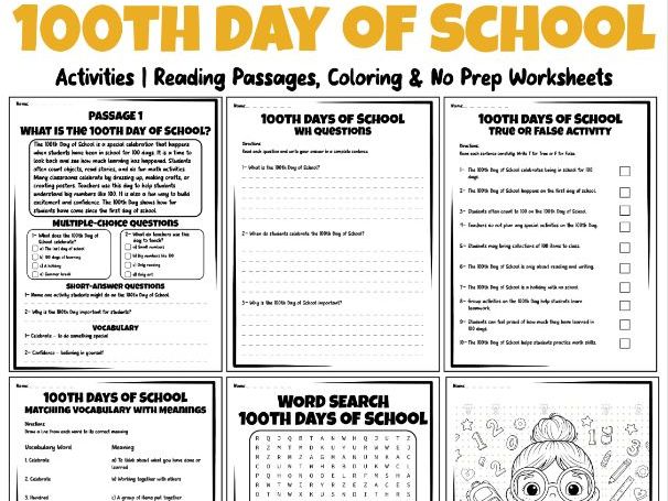 100th Day of School Activities | Reading Passages, Coloring & No Prep Worksheets