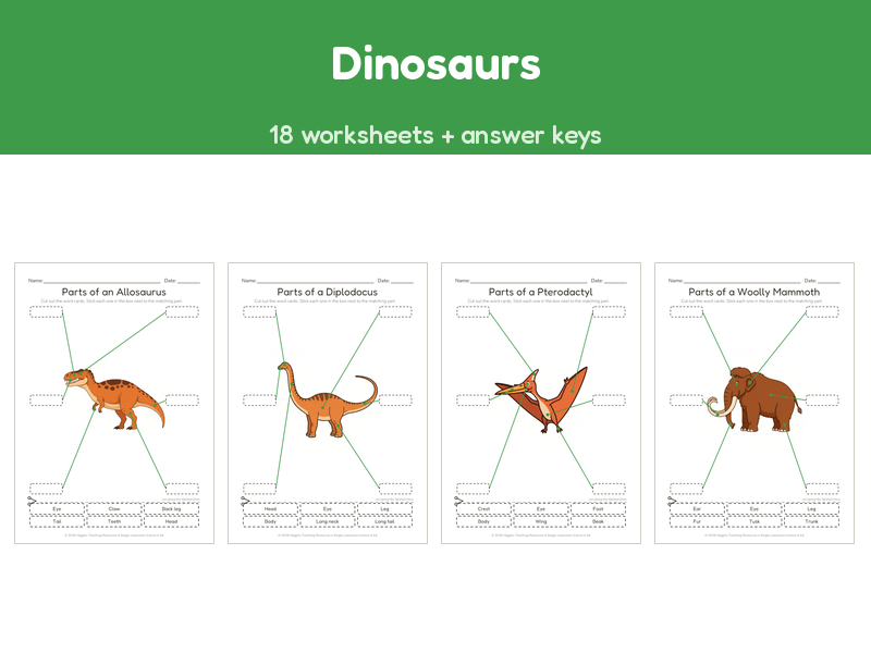 Dinosaurs | Label the Parts Worksheets | 18 Sheets + Answers | Ages 5-7