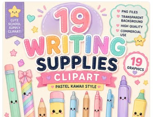 Writing Supplies Clipart Pastel School Supply Clip Art Kawaii Pencils & Pens