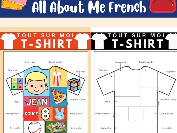 All About Me French Worksheet: T-shirt Tout sur moi - Back to School French