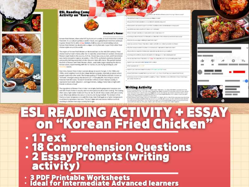 ESL Reading Comprehension + Writing Activity Worksheets on Korean Fried Chicken