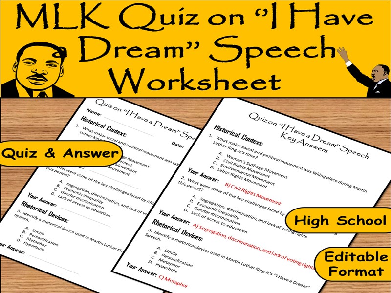 Martin Luther King Jr ‘I Have a Dream’ Speech Quiz – High School Worksheet with Answers