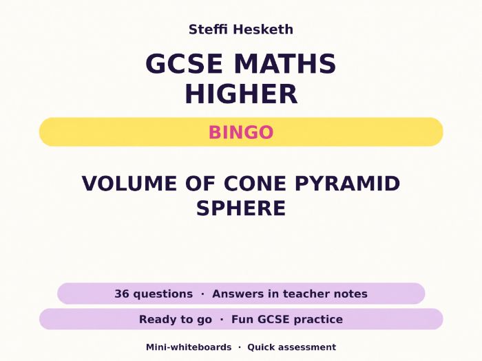 Volume of Cone Pyramid Sphere GCSE Maths Higher Bingo