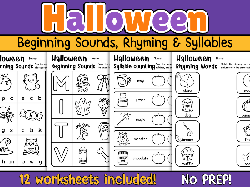 Halloween Phonics & Alphabet Worksheets | Beginning Sounds, Rhyming & Syllables