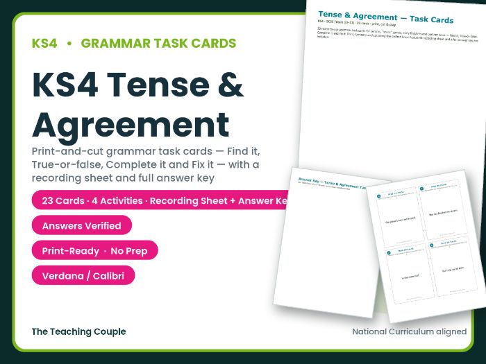 KS4 Tense & Agreement Task Cards – 23 Grammar Cards + Answer Key