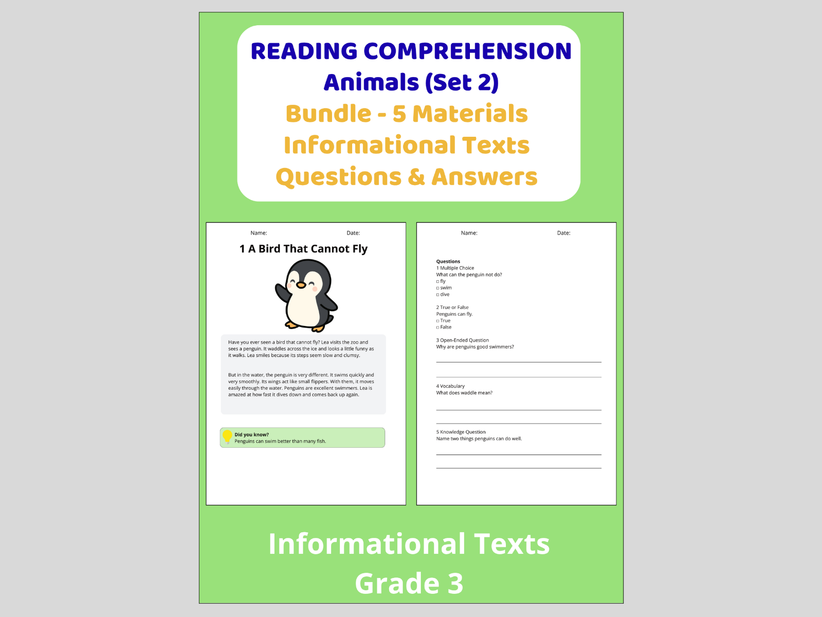 Reading Comprehension Animals - Bundle 5 Materials Informational Texts Set 2