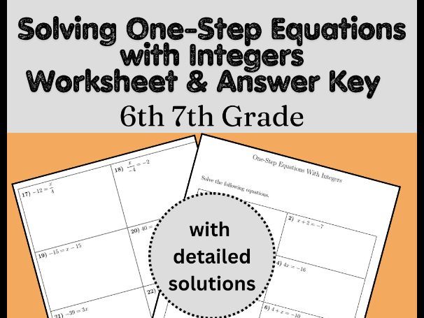 Solving One-Step Equations with Integers Worksheet & Answer Key | 6th 7th Grade
