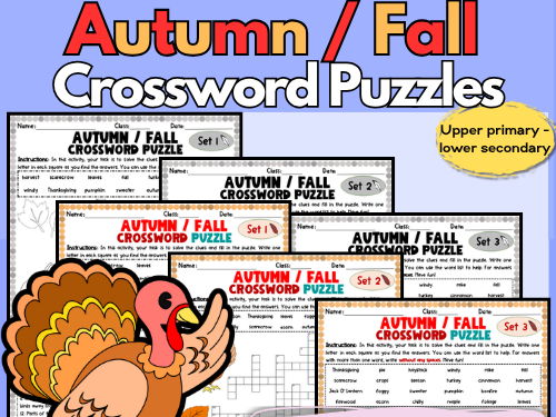 Autumn/Fall Differentiated Crossword Printables: Colour & B/W with Word Bank