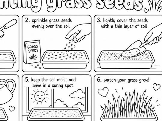 How to Plant Seeds Steps Colouring Worksheet- Grass seeds