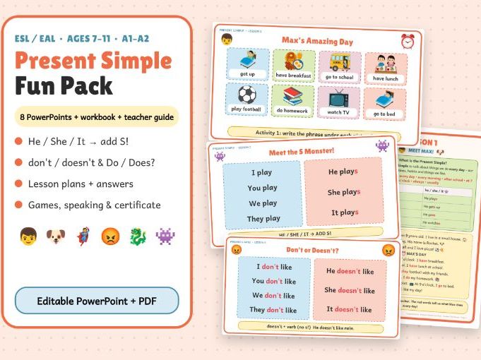 Present Simple - ESL Workbook, Teacher Guide & 8 PowerPoint Lessons (Ages 7–11)