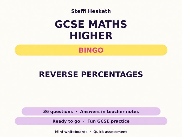Reverse Percentages GCSE Maths Higher Bingo