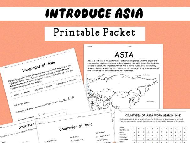 Asia Continent | Introductory Worksheet Packet