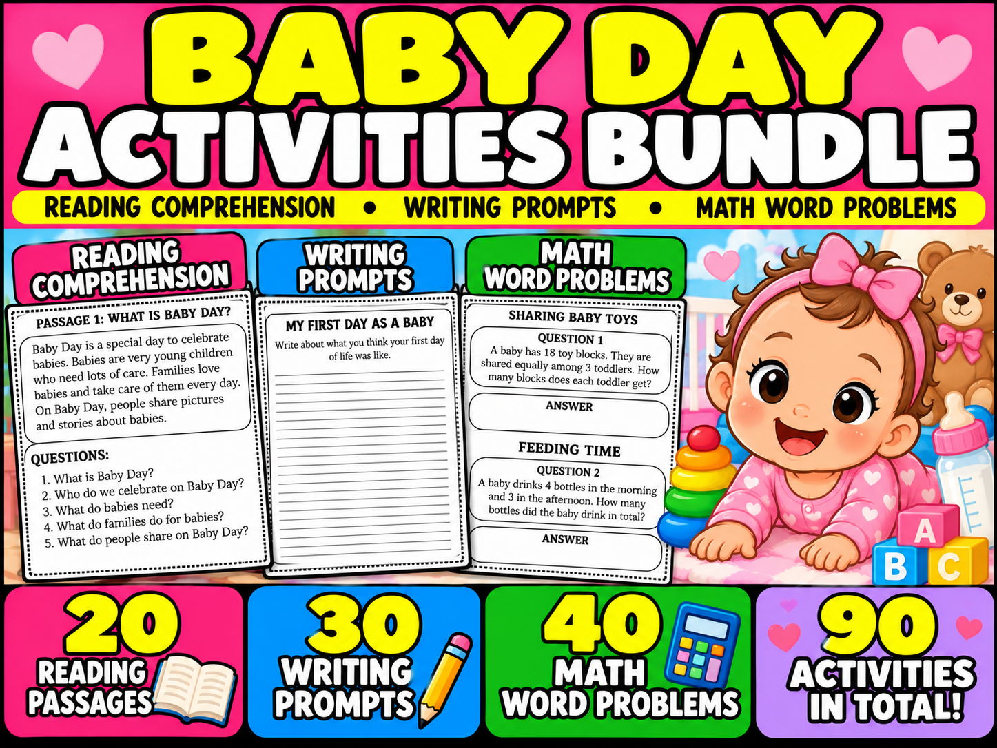 Baby Day Activities Bundle | Reading Comprehension, Writing Prompts and Math