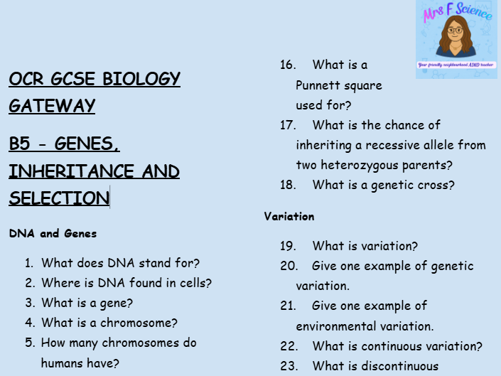 OCR GCSE Biology B5 Genes, Inheritance & Selection – 30 Retrieval Questions with Answers