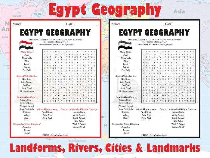 Egypt Geography Word Search | Landforms, Rivers, Cities & Landmarks Activity