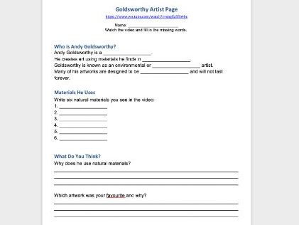 Art/Textiles - KS2-KS3 - Andy Goldsworthy - Fill in the gaps Worksheet