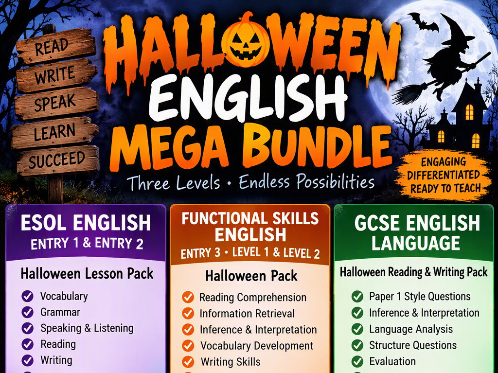 Halloween English Mega Bundle | ESOL Entry 1 & Entry 2, Functional Skills Entry 3 Level 1 & Level 2, GCSE English Language Reading & Writing Resources