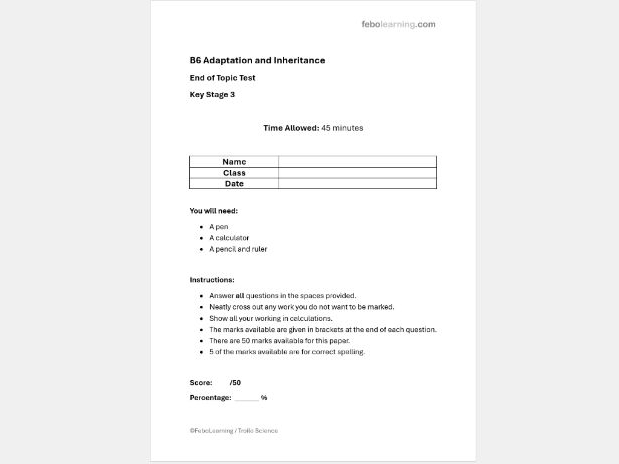 KS3 Adaptation and Inheritance B6 End of Topic Test