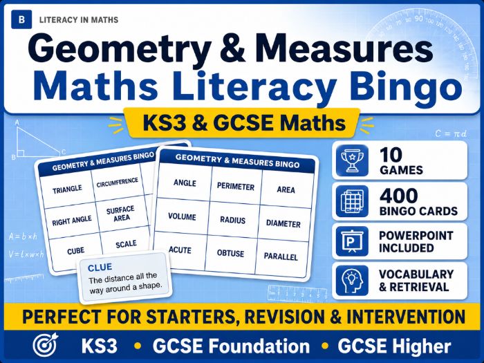 Geometry and Measures Maths Literacy Bingo | KS3 & GCSE Vocabulary | 10 Games