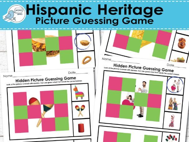 Hispanic Heritage Month Hidden Picture Guessing Game | 10 Pages | Preschool, ESL, Montessori