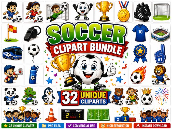 world cup 2026 32 Soccer Clipart Bundle | Sports PNG Graphics | Commercial Use Digital Download