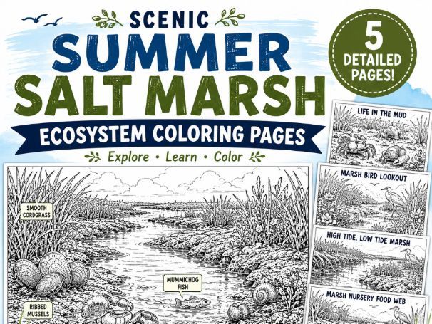 Scenic Salt Marsh Ecosystem Coloring Pages for Kids | Coastal Wetland (K-Grade 3)