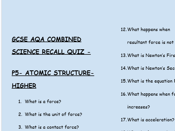GCSE Physics P5 Forces – 30 Higher Retrieval Questions | AQA | Low-Stakes Quiz + Answers
